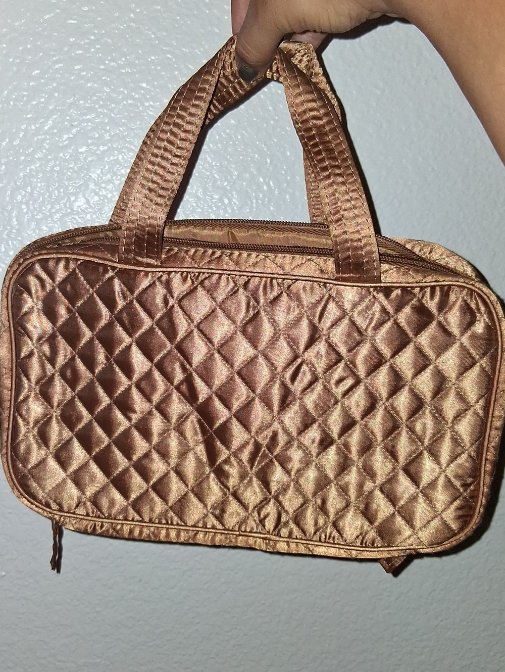 Quilted Satin Cosmetic Bag in Metallic Copper